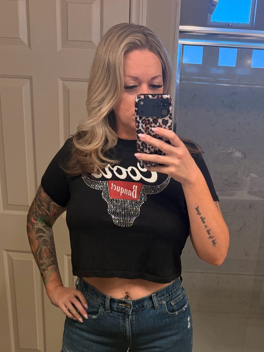 Women’s Black Cropped Graphic Tee with Rhinestone Bull Motif